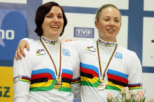 Australian duo Anna Meares and Kaarle McCulloch sing their national anthem on the winners podium for the women's team sprint