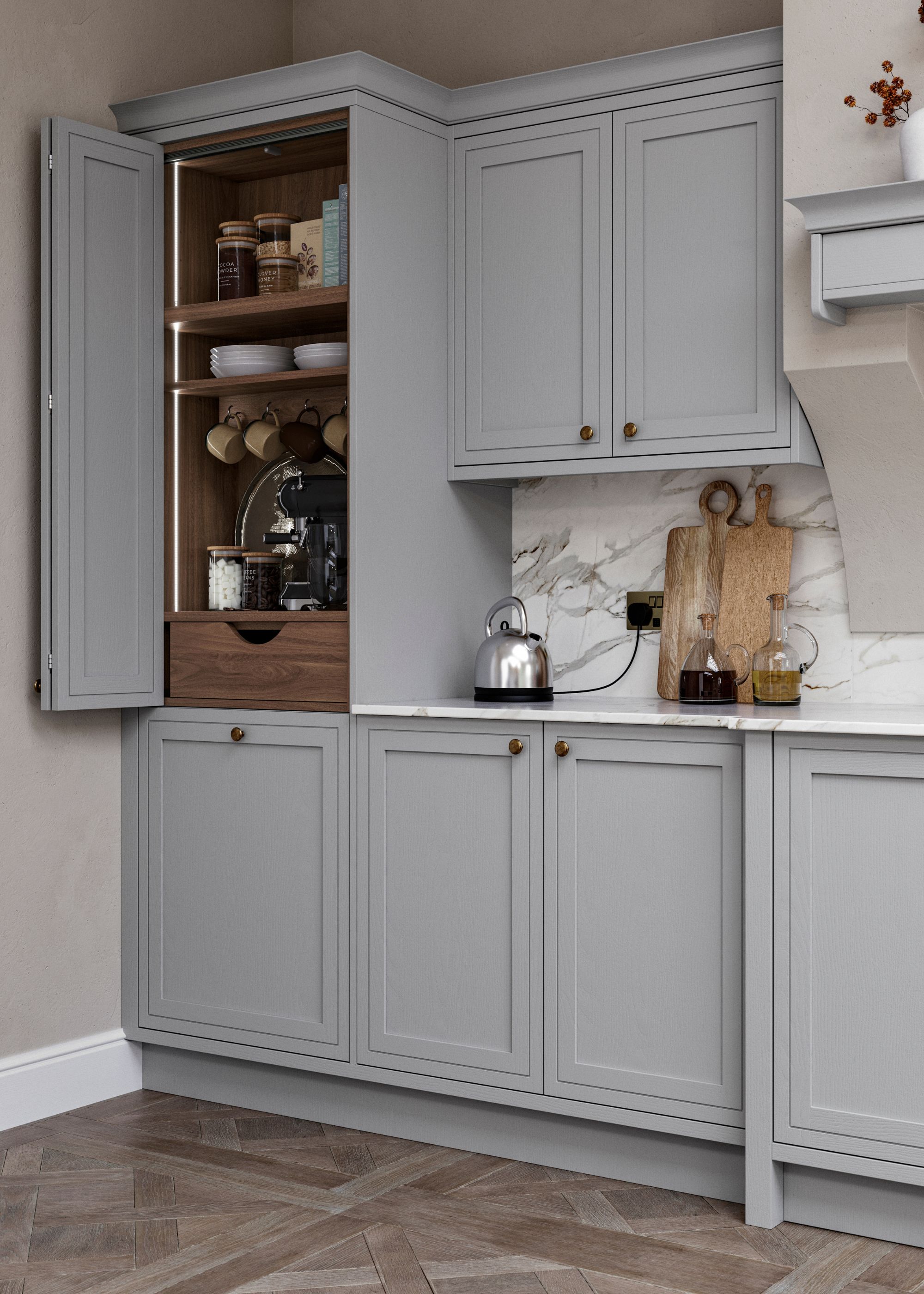A grey kitchen with upper and lower cabinets. One side of the cabinets is opened and has a coffee nook inside with mugs and other kitchen essentials.