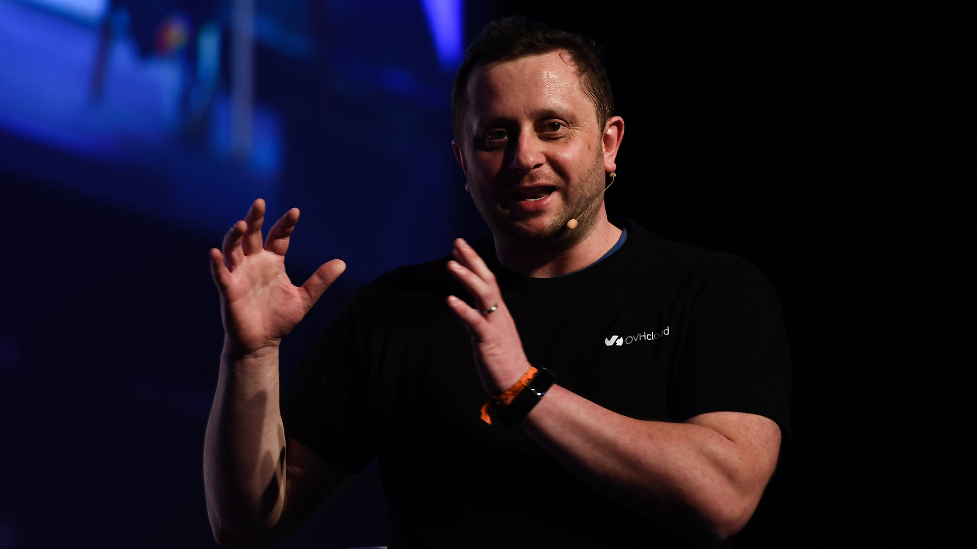 Octave Klaba, CEO of OVHcloud, pictured speaking on stage at Web Summit in Lisbon, Portugal.