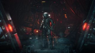 A man in a high-tech suit with a gun from Cronos: The New Dawn