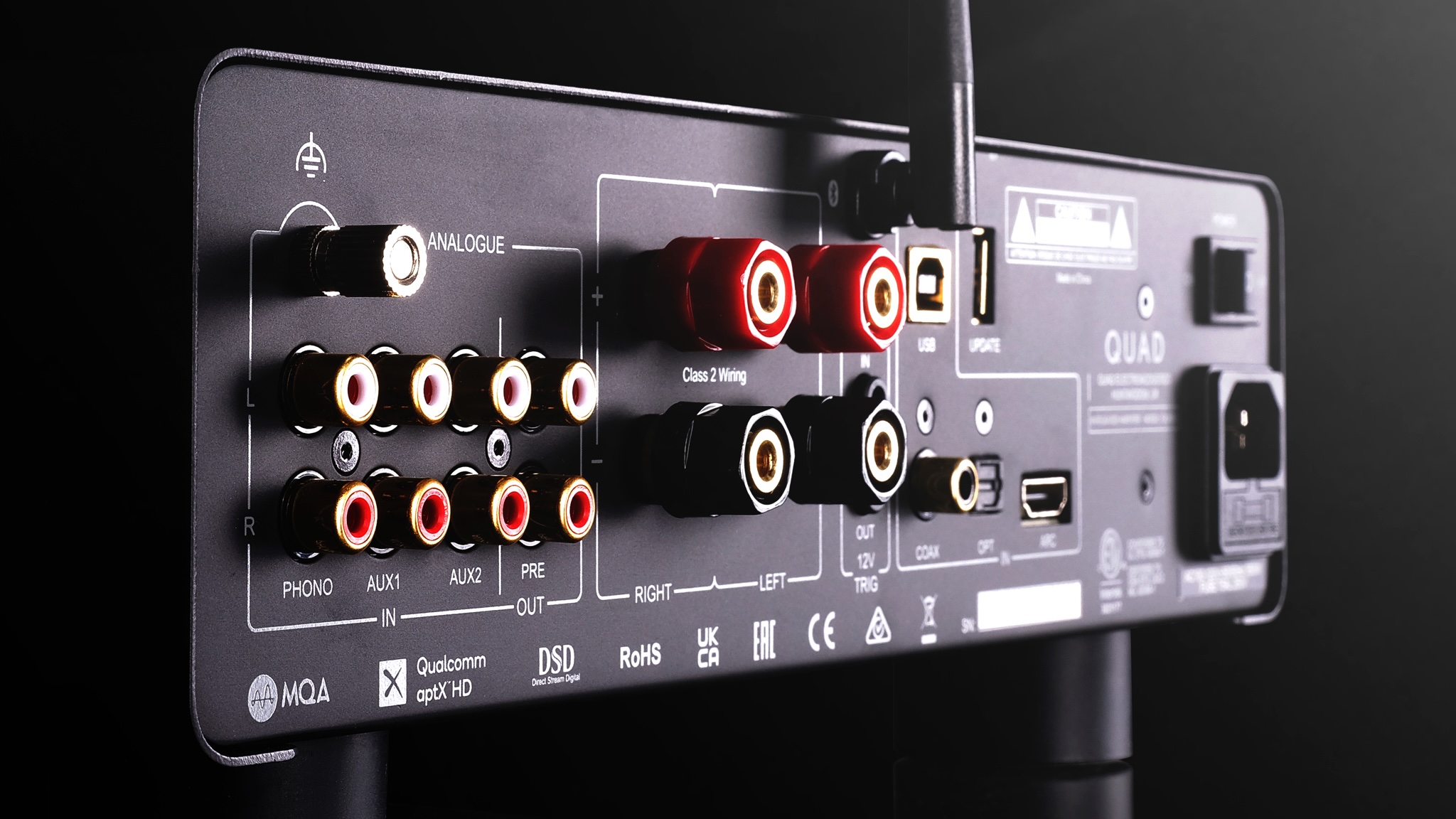 The rear of the Quad 3 amplifier, shot on a black background