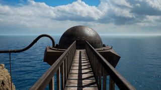 Riven screenshot - walkway leading to a globe-like building jutting out into a large body of water