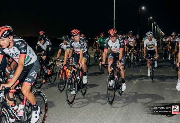 The UAE Team Emirates riders go for a night ride