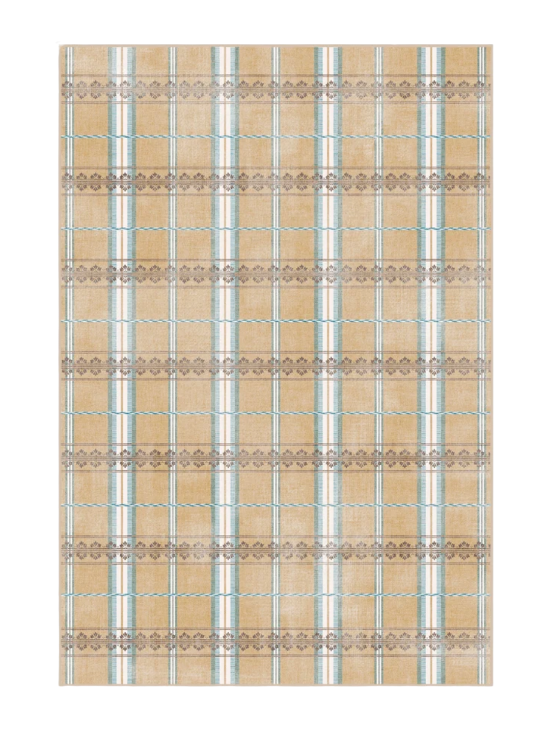 a plaid rug in tan and blue