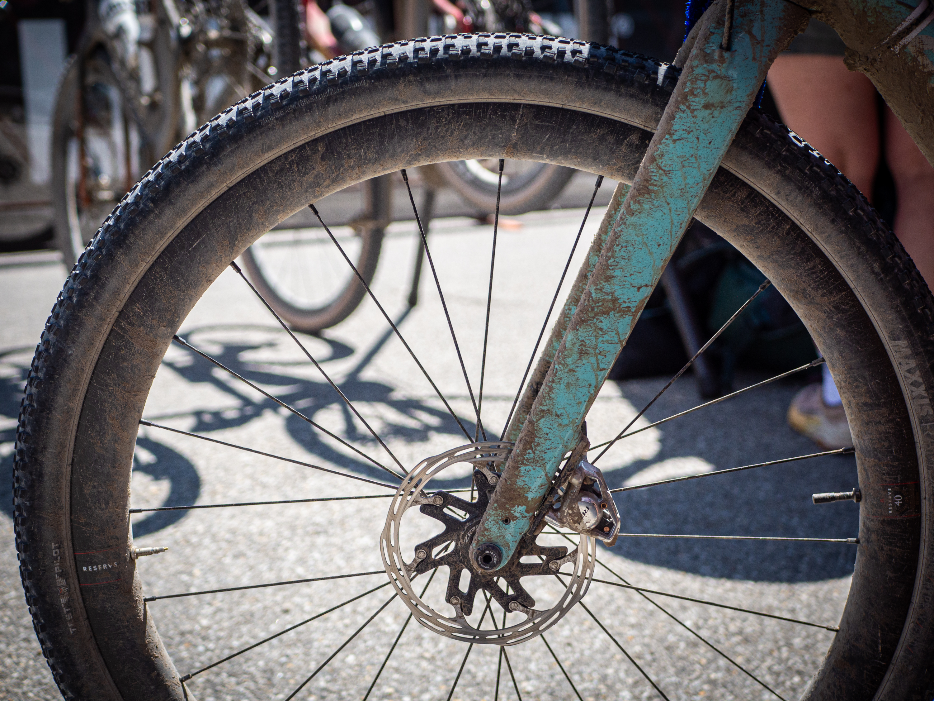 A photo of Keegan Swenson's bike wheel, each with two valves