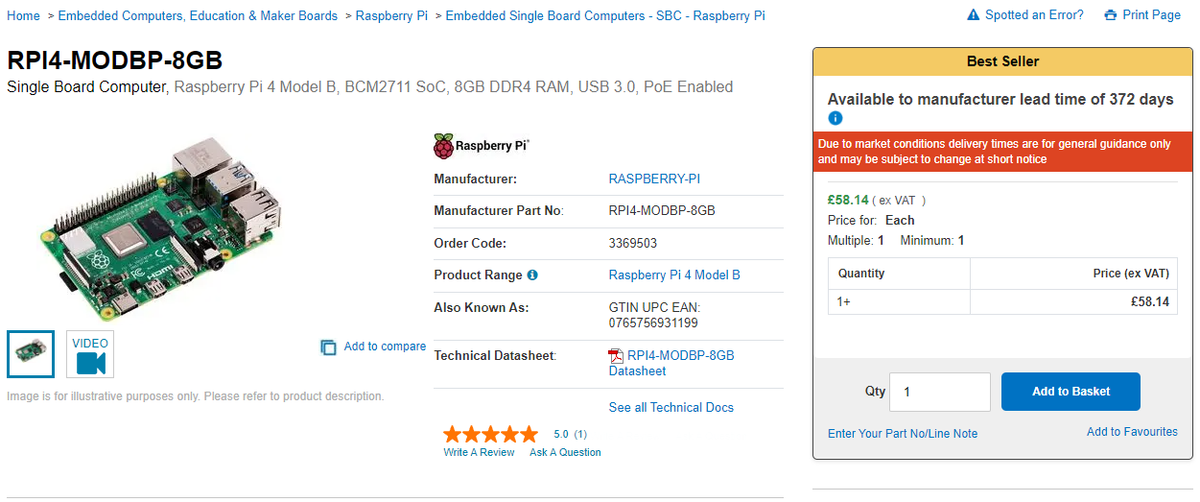 Screenshot of Farnell's UK website and Raspberry Pi 4 lead times