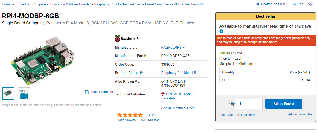 Screenshot of Farnell's UK website and Raspberry Pi 4 lead times