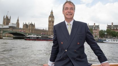 Ukip leader Nigel Farage shows his support for the Leave campaign on a Brexit flotilla on the Thames...