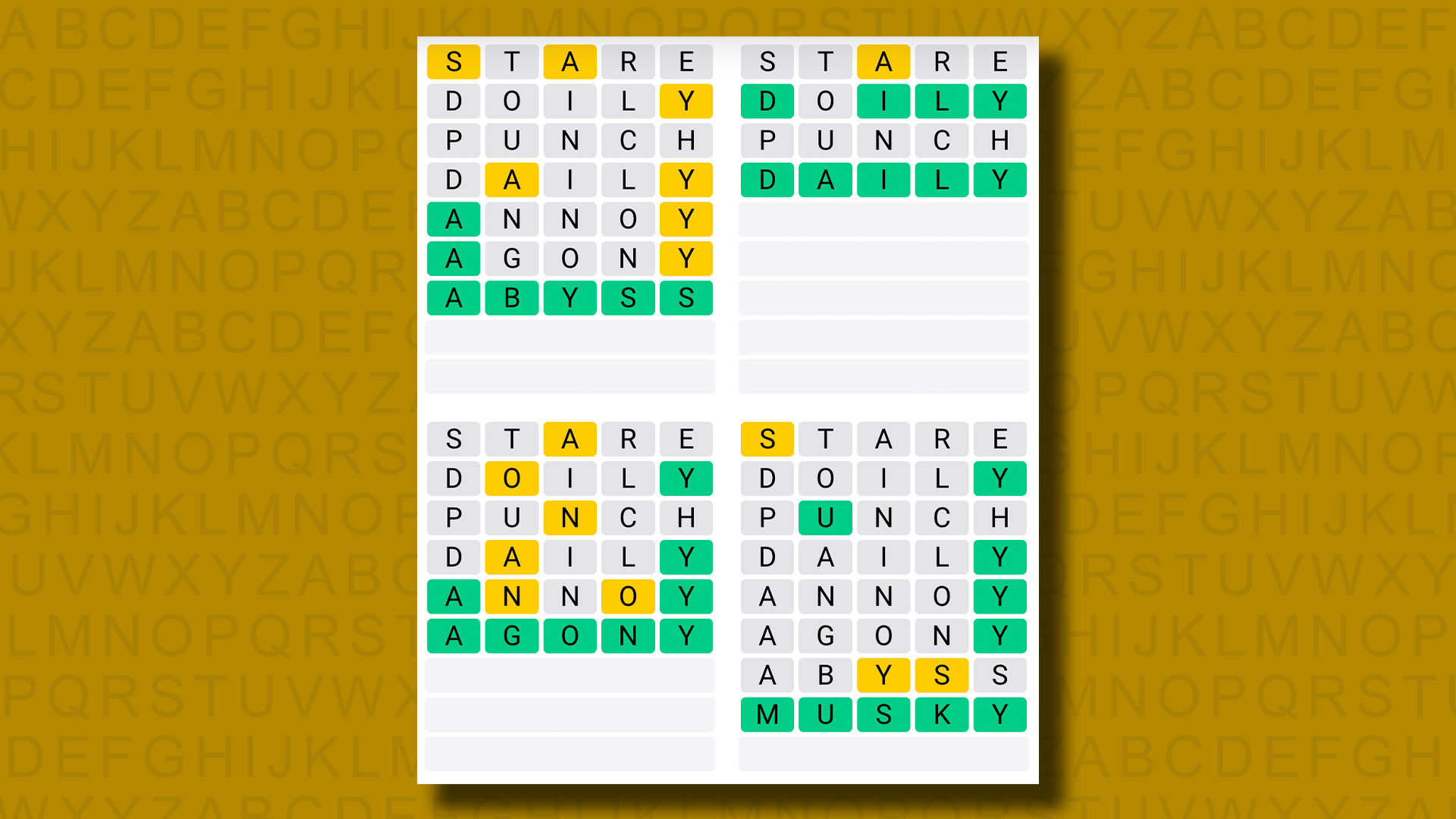 Quordle solutions for game 946 on a yellow background