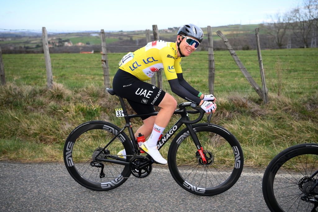 SAINTPAULTROISCHTEAUX FRANCE MARCH 09 Tadej Pogacar of Slovenia and UAE Team Emirates Yellow Leader Jersey competes during the 81st Paris Nice 2023 Stage 5 a 2124km stage from SaintSymphoriensurCoise to SaintPaulTroisChteaux UCIWT ParisNice on March 09 2023 in SaintPaulTroisChteaux France Photo by Alex BroadwayGetty Images