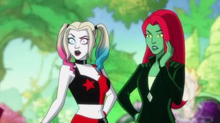 Harley Quinn (voiced by Kaley Cuoco) and Poison Ivy (voiced by Lake Bell) talking with a lot of plants behind them