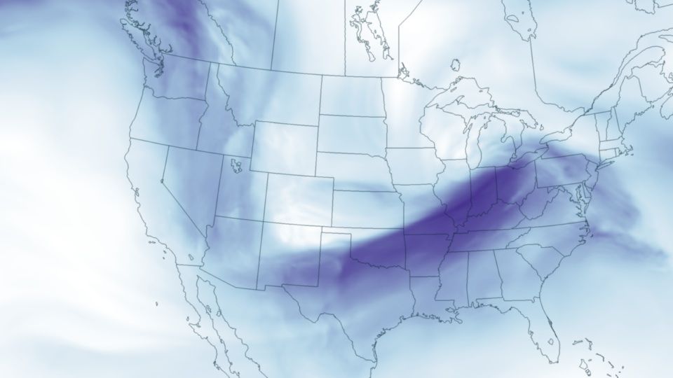 Wind speed at 18,000 feet in the atmosphere. The darkest shade represents winds of up to 150 mph.