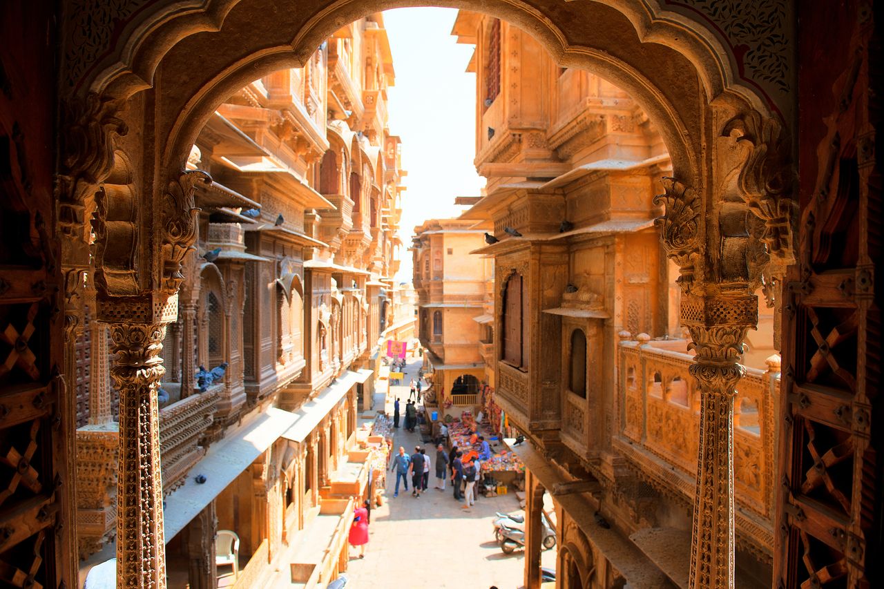 View into the street below Patwa ki Haveli, Jaisalmer, Rajasthan, India