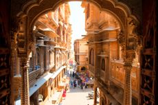 View into the street below Patwa ki Haveli, Jaisalmer, Rajasthan, India