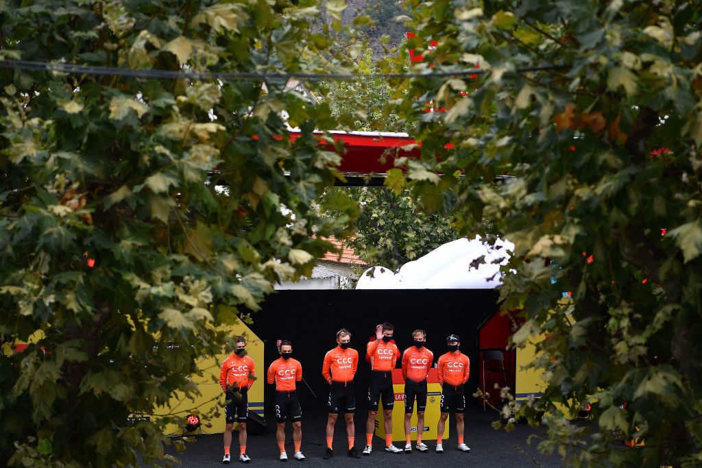 SALLENT DE GLLEGO SPAIN OCTOBER 25 Start William Barta of The United States Jan Hirt of Czech Republic Jakub Mareczko of Italy Michal Paluta of Poland Lukasz Wisniowski of Poland Georg Zimmermann of Germany and CCC Team Mask Covid safety measures Team Presentation Landscape during the 75th Tour of Spain 2020 Stage 6 a 1464km stage from Biescas to Sallent de Gllego Aramn Formigal 1790m lavuelta LaVuelta20 La Vuelta on October 25 2020 in Sallent de Gllego Spain Photo by Justin SetterfieldGetty Images