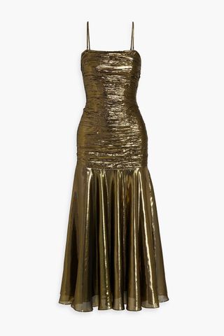 Claudette Ruched Metallic Lamé Maxi Dress