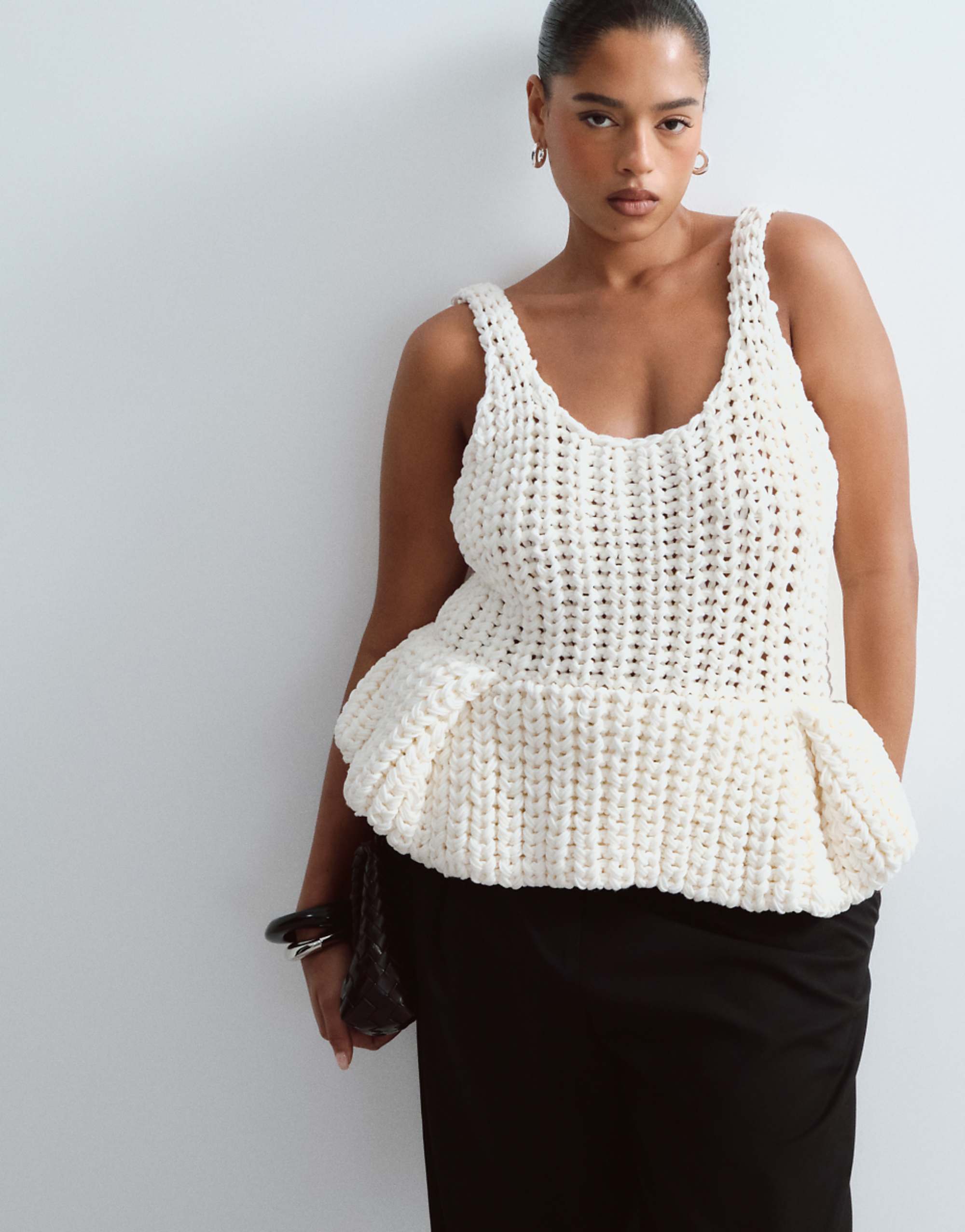 Arrange Curve Chunky Hand Knit Peplum Top in Cream