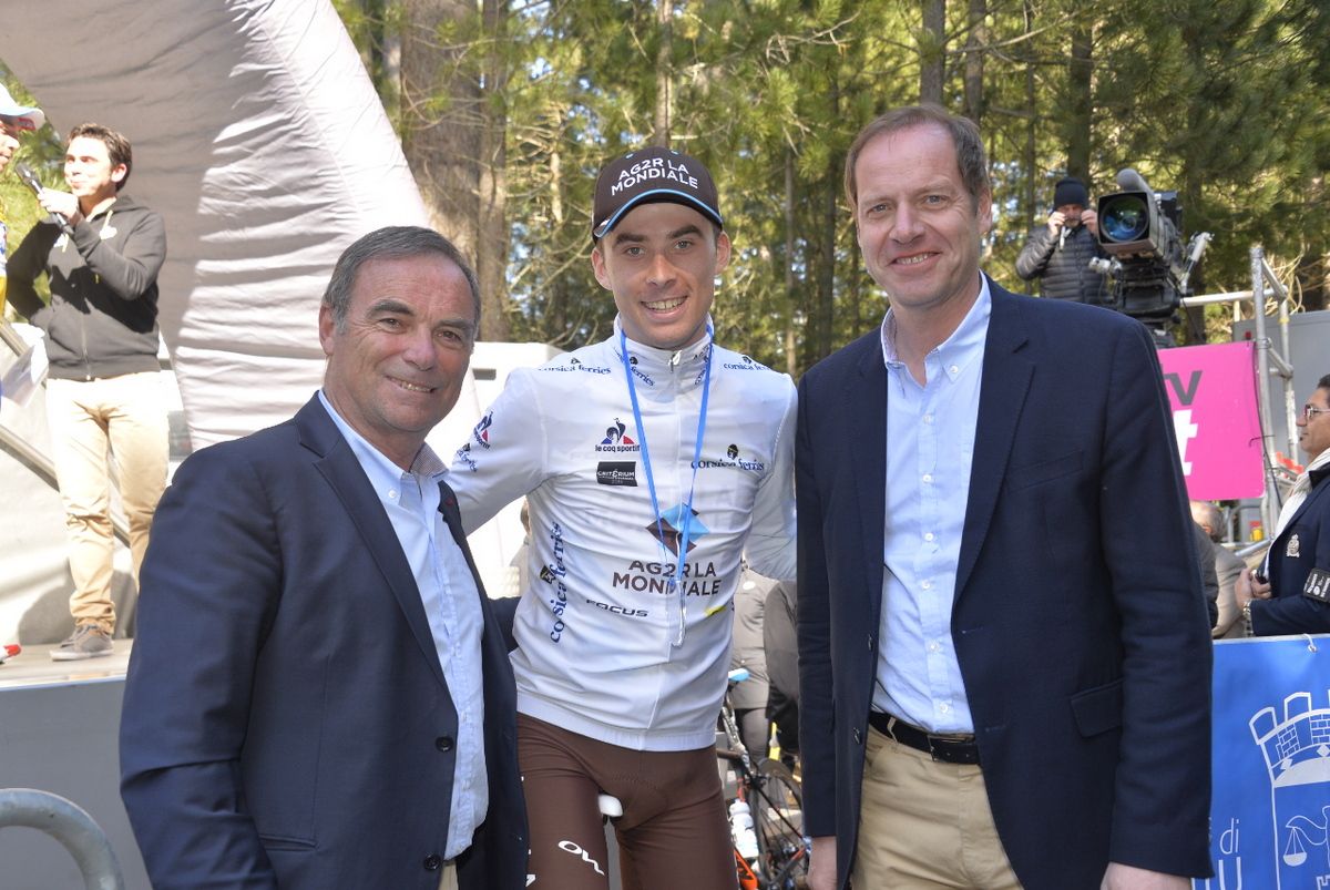 Bernard Hinault, Pierre Latour (Ag2r-La Mondiale) and Tour de France race director Christian Prudhomme