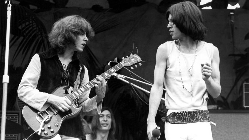 Mick Taylor (left) and Mick Jagger perform onstage with the Rolling Stones at Hyde Park in London on July 5, 1969
