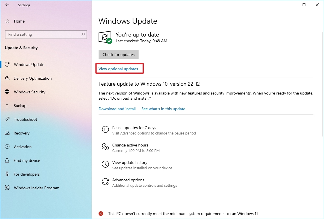 Windows 10 Optional Updates Option