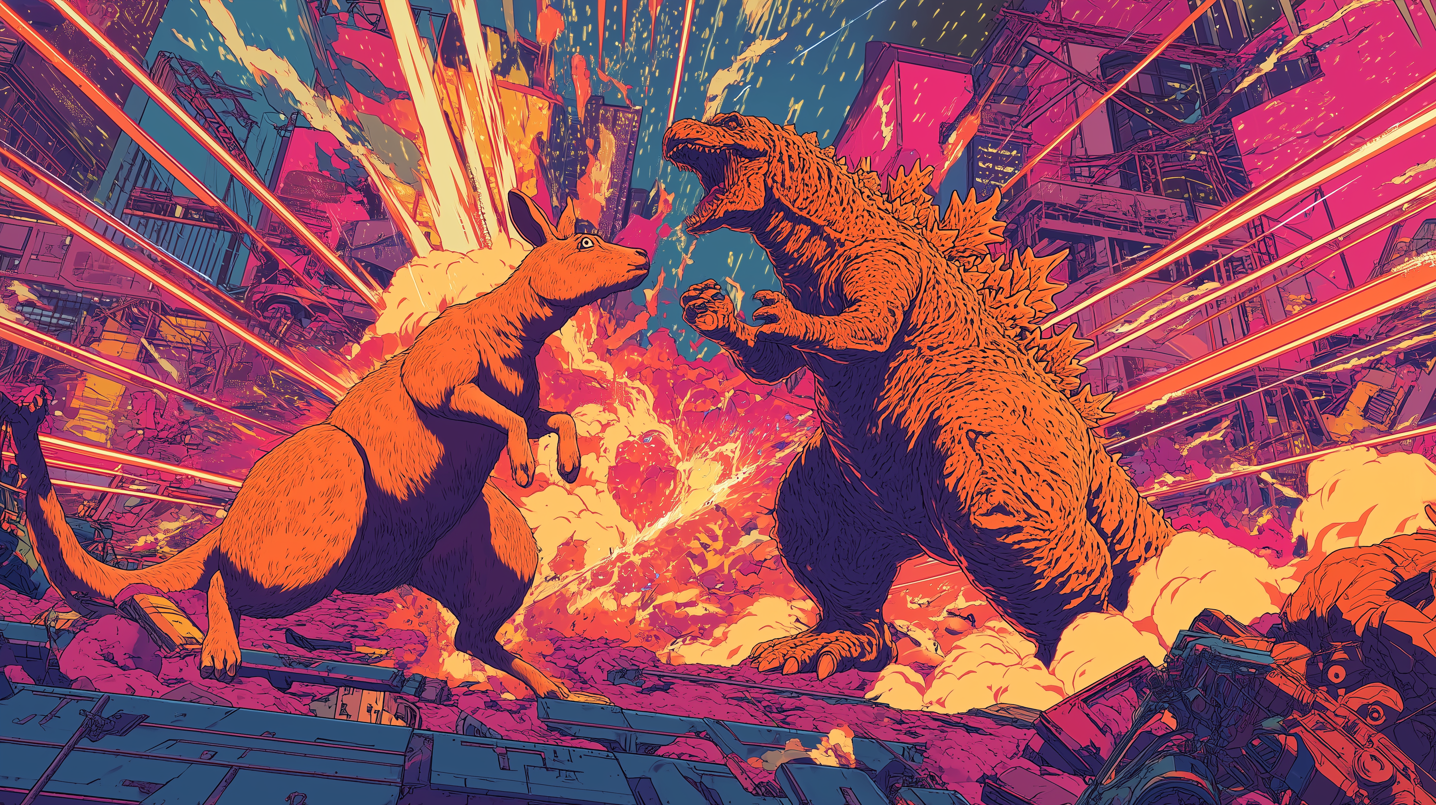 A Midjourney-generated image of godzilla fighting a kangaroo