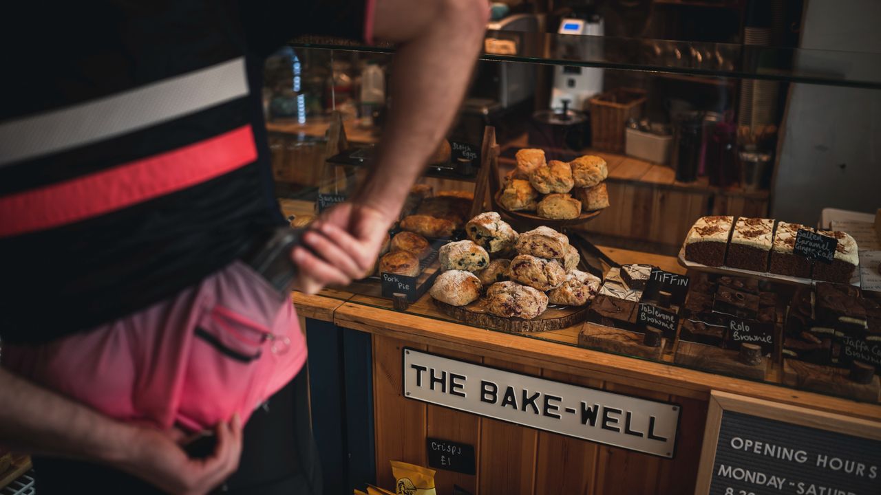 Cyclists gather at a bakery