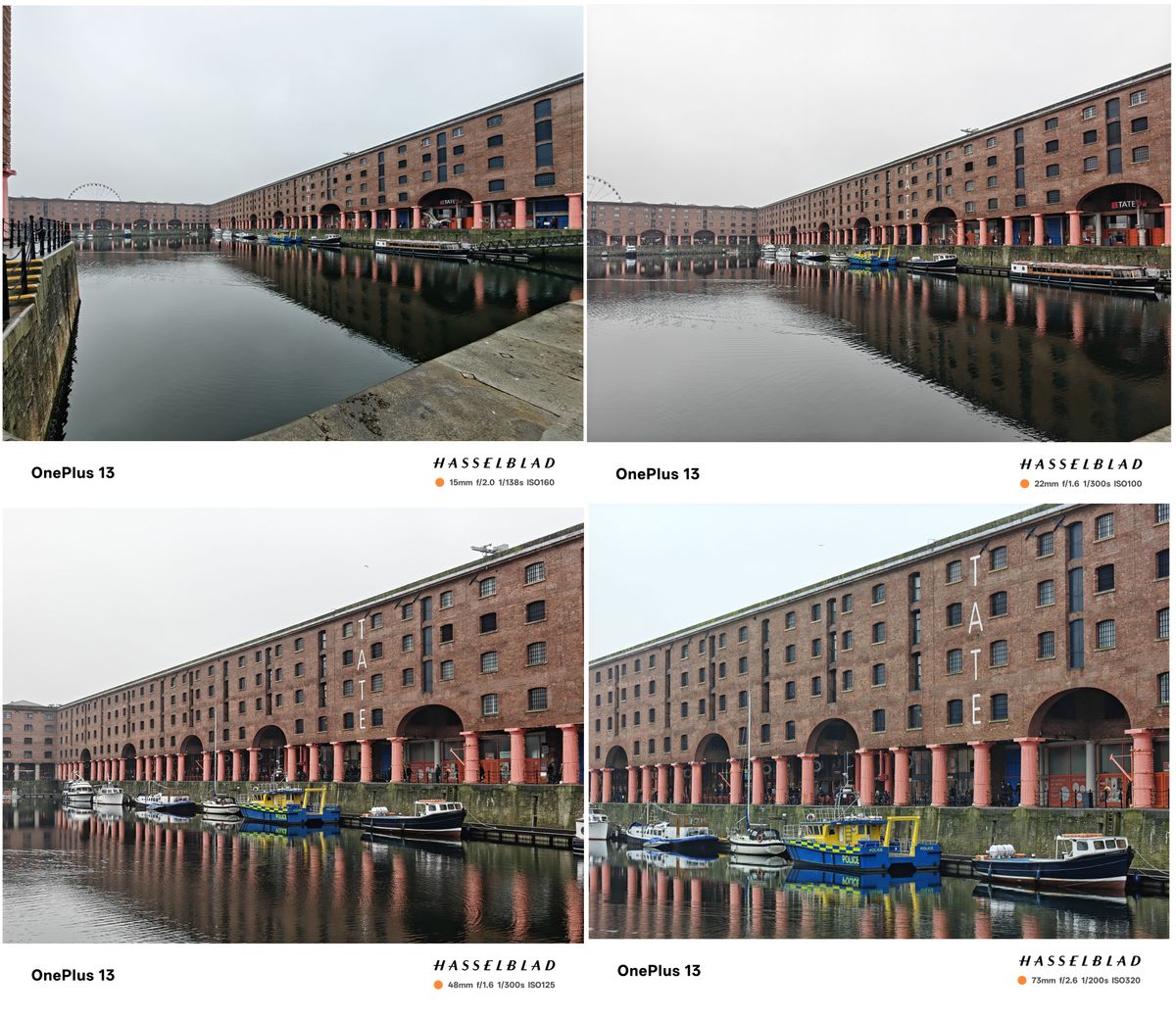 Four pictures of the Albert Dock in Liverpool at different zoom levels
