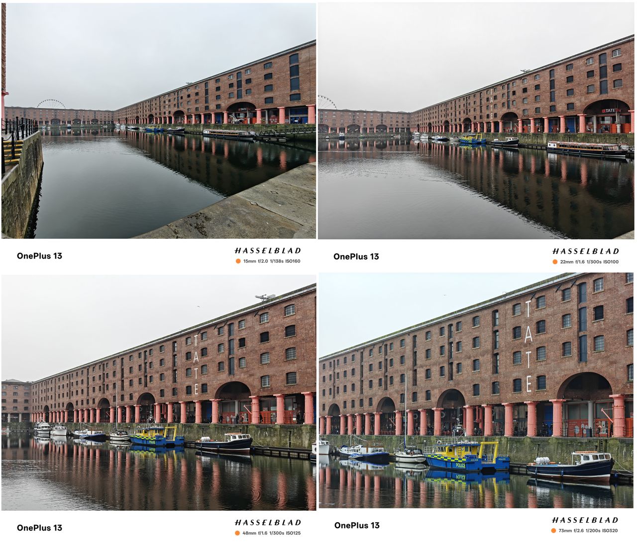 Four pictures of the Albert Dock in Liverpool at different zoom levels
