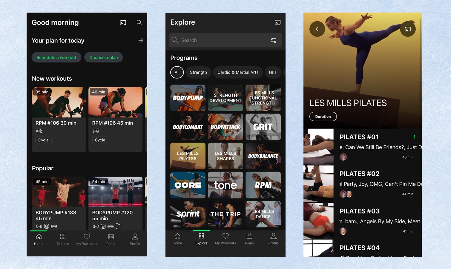 screenshots from the Les Mills Plus workout app