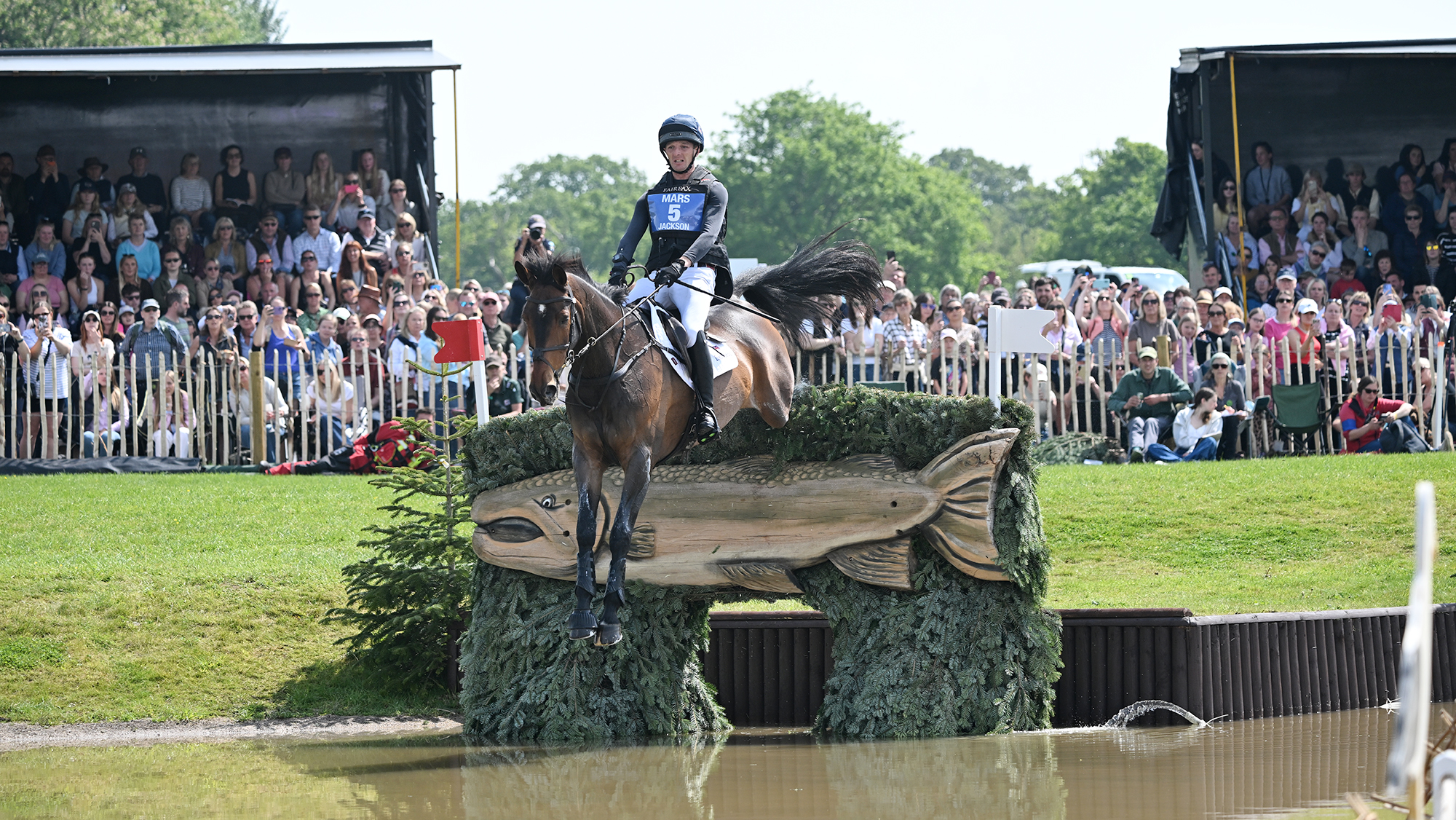 Tom Jackson and United 36 jump the fish into The Lake at Badminton Horse Trials 2026.