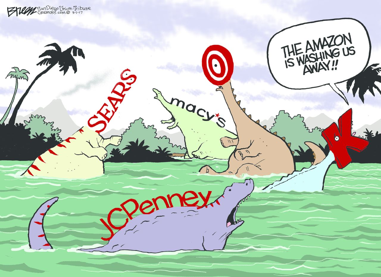 Editorial Cartoon U.S. Amazon destroys department stores Sears Macy&amp;#039;s JCPenney Target KMart