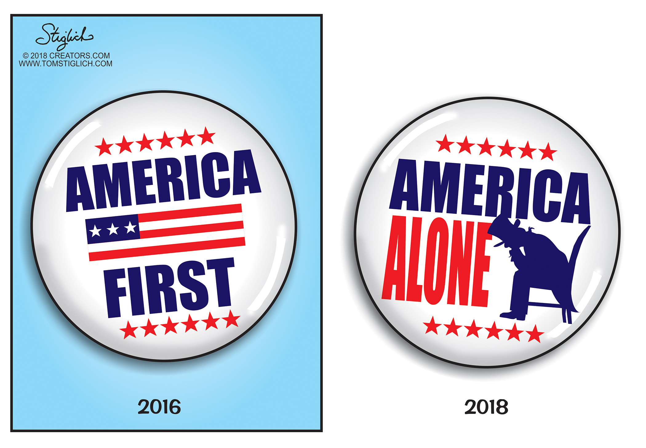 Political cartoon U.S. Trump America first alone Canada