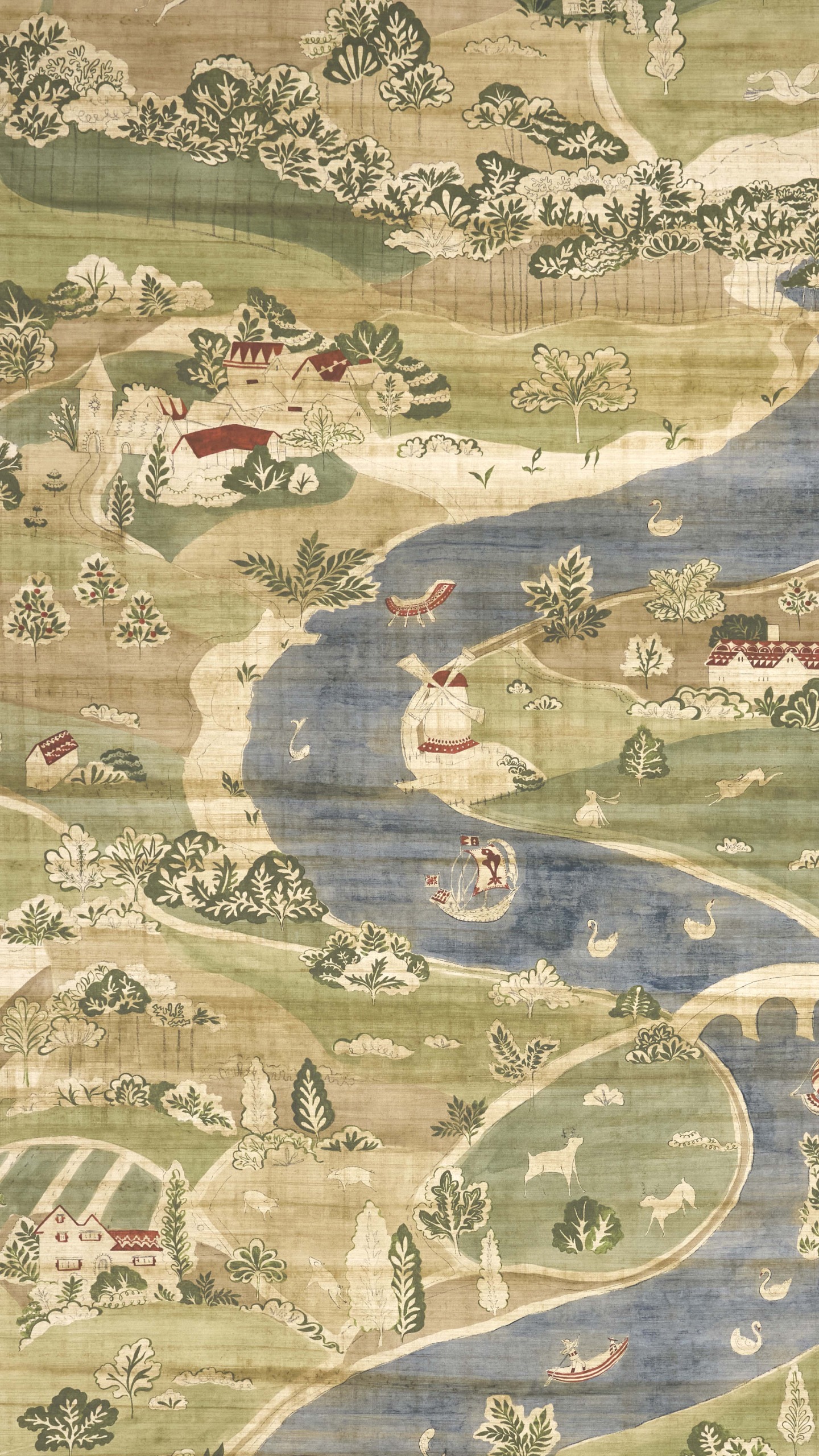 Textured blue, green and beige wallpaper wallpaper, featuring a river and hills