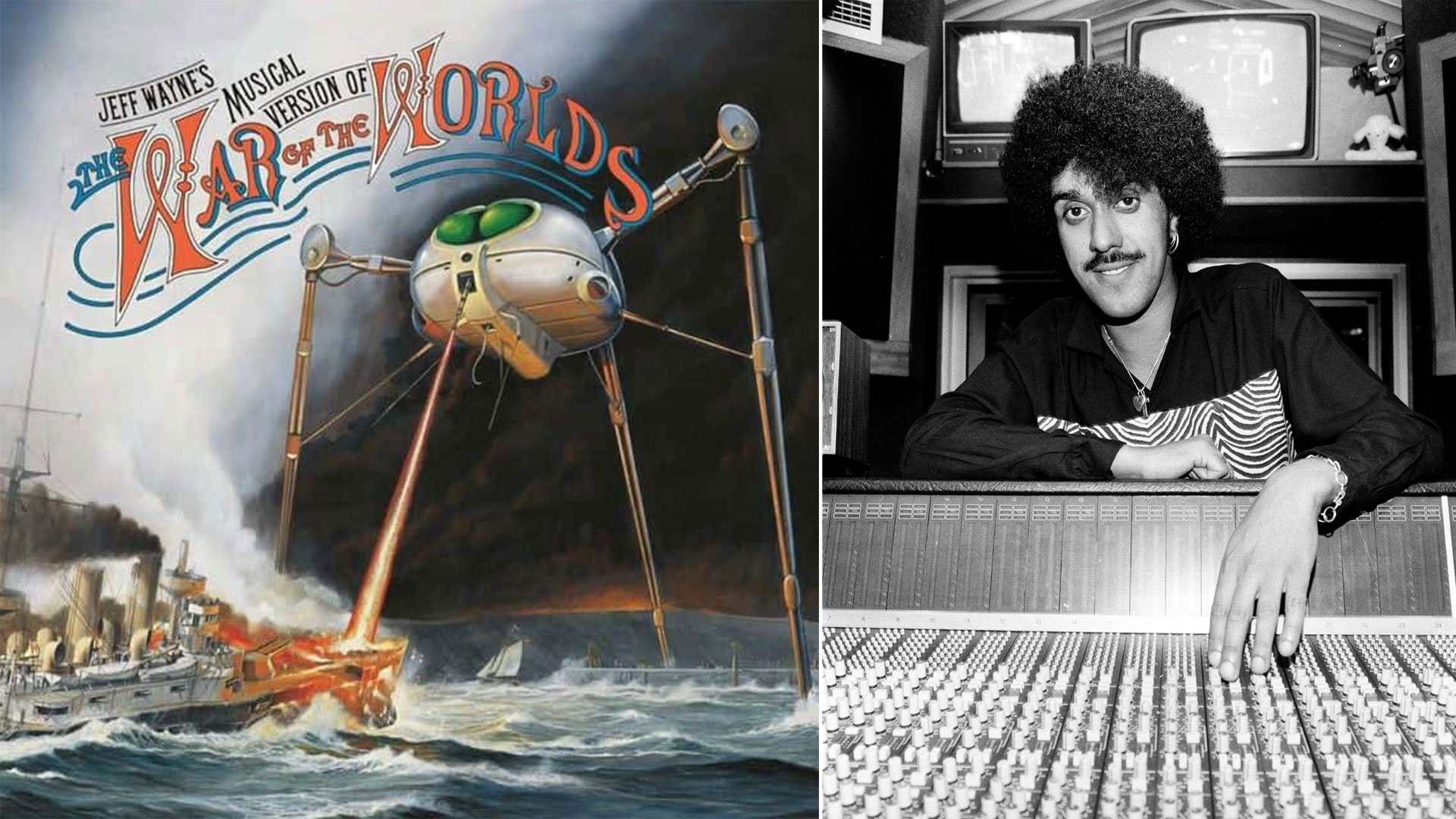 The cover art for The War of the Worlds musical and a 1982 black and white photograph of Phil Lynott at a mixing desk