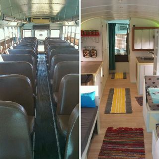 before and after images of school bus makeover