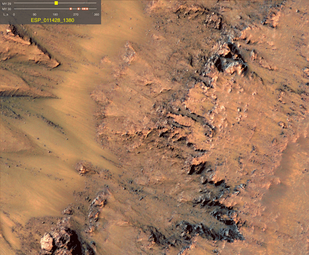 Development of RSL features at Palikir crater on Mars as viewed by the HiRISE camera on 6 occasions during Mars years 29&ndash;30.