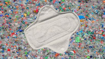 Photo collage of a reusable menstrual pad on a background of microplastic waste