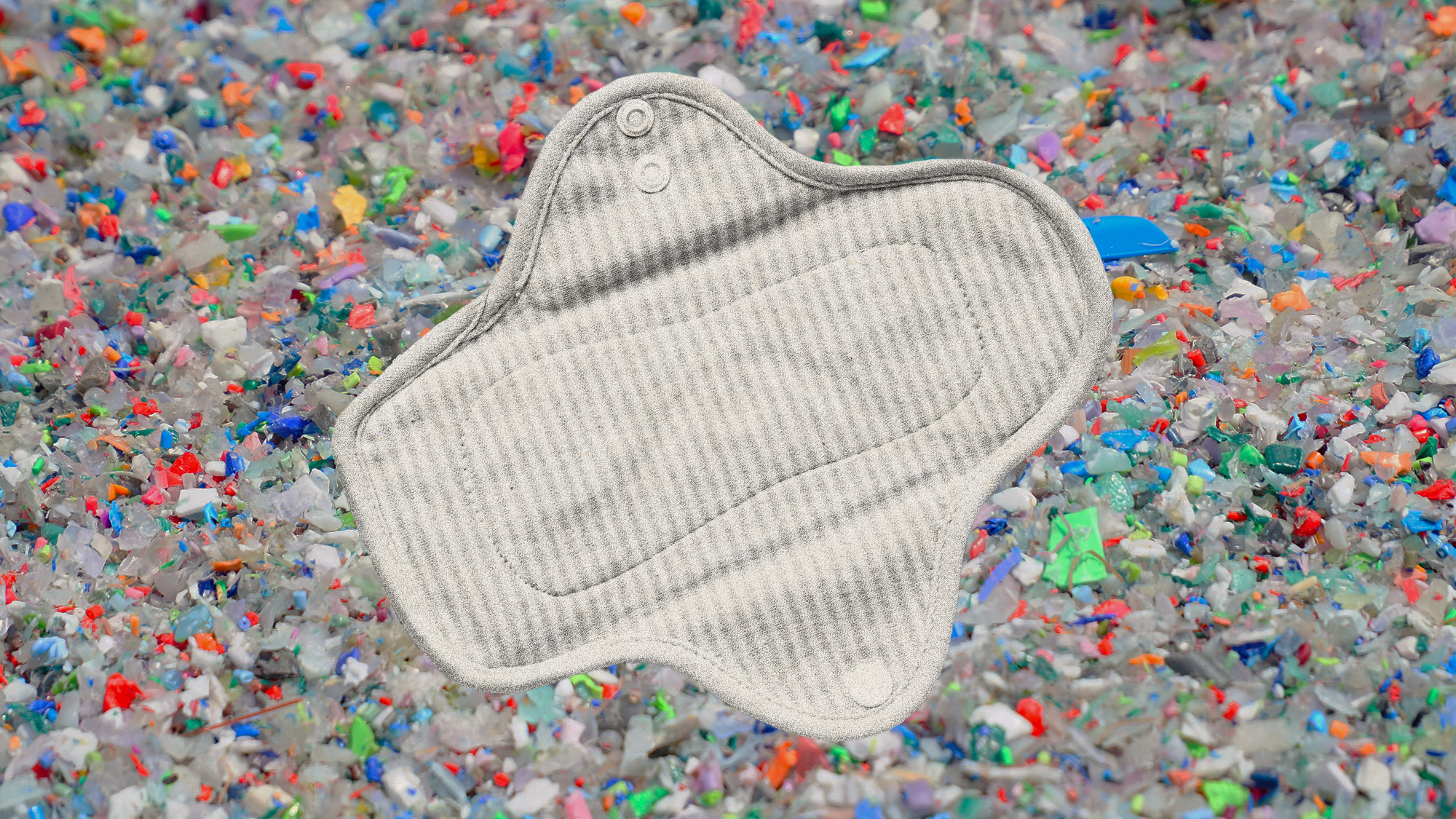 Photo collage of a reusable menstrual pad on a background of microplastic waste