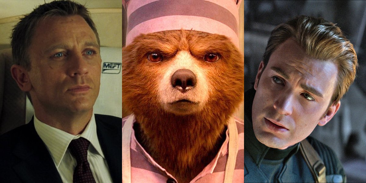 James Bond and Captain America looking at Paddington Bear with concern.