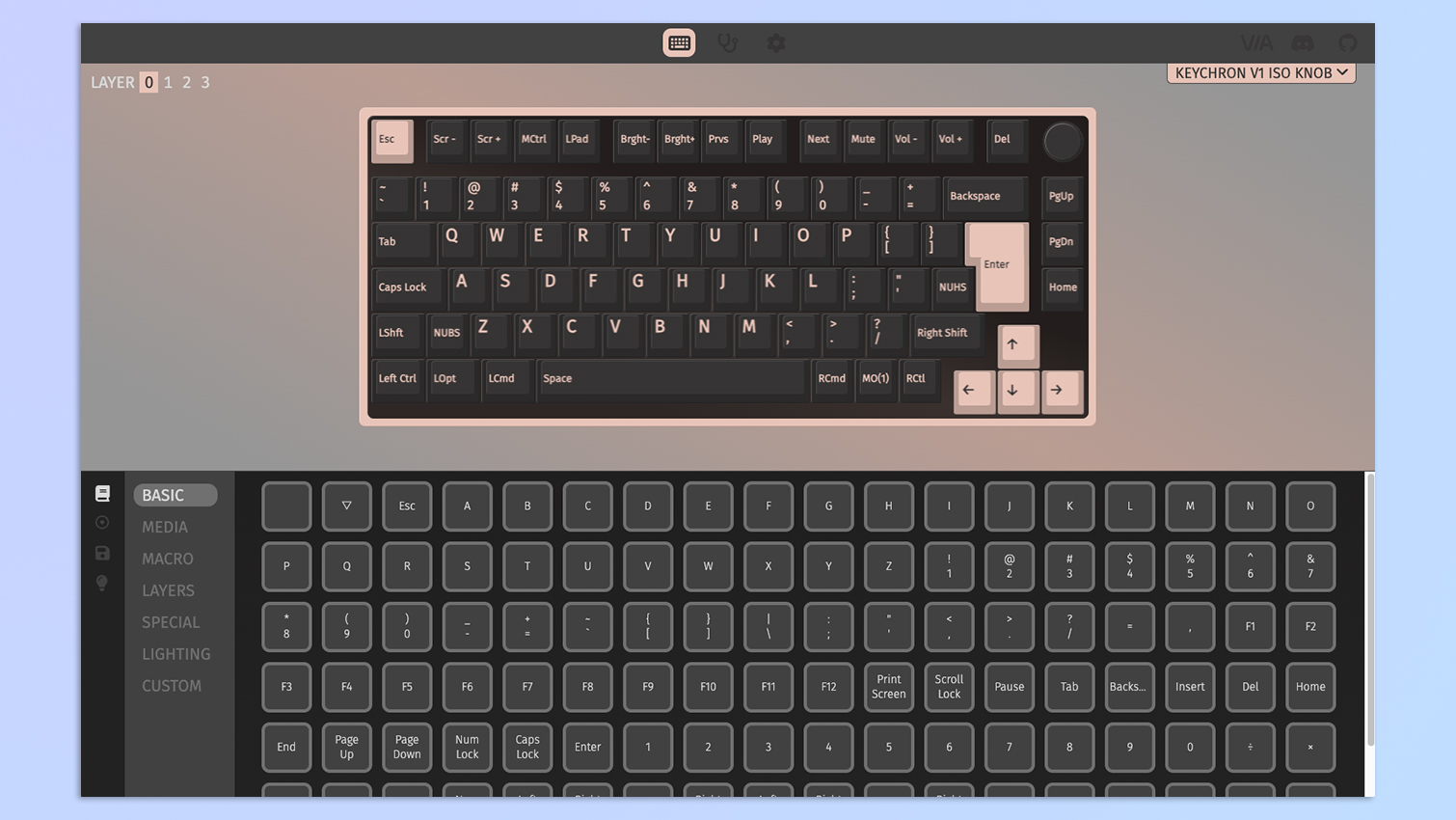 A screenshot of the VIA web app showing the Keychron V1 wireless mechanical keyboard