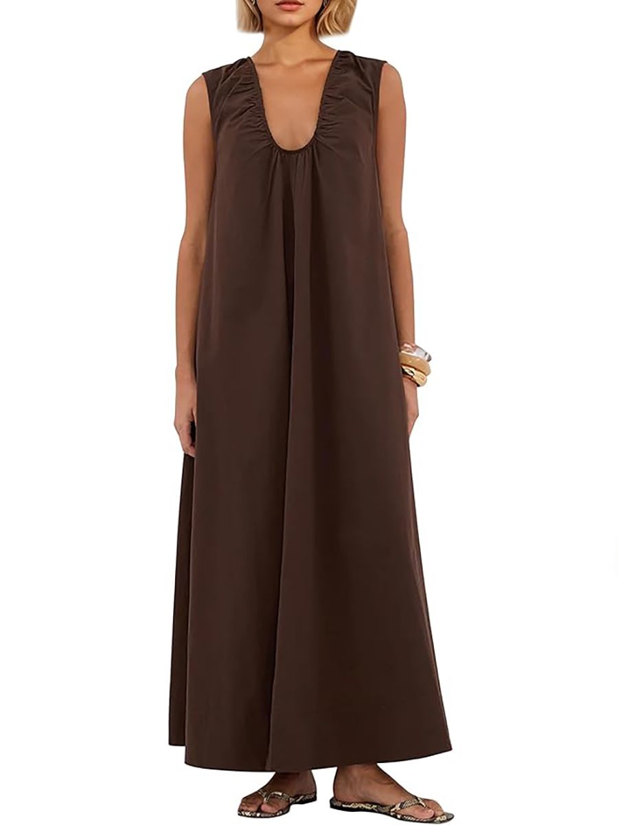 Lenader, Lenader Women Flowy Maxi Dress Ruched Sleeveless Long Dress Vacation Fashion Summer Casual Loose Fit Sundress With Pockets Brown