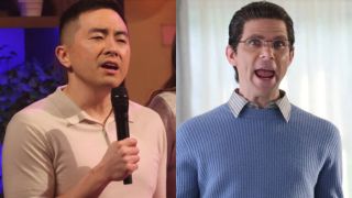 Bowen Yang pictured singing into a microphone, next to a screaming Mikey Day standing in a living room, on SNL. 