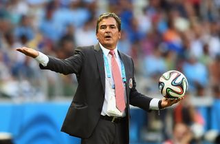 Costa Rica coach Jorge Luis Pinto gestures during his side's match against Uruguay at the 2014 World Cup.