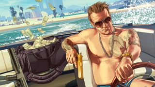 GTA 6 - A man with a golden 1911 drives a speedboat as money flies out of his bag