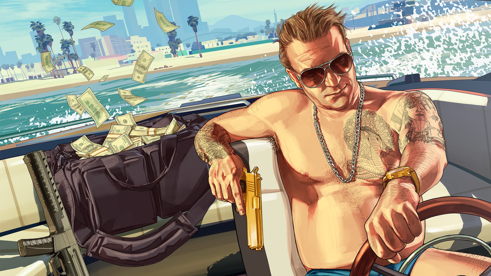 A man holding a gun drives a boat as money flies out the back in GTA Online