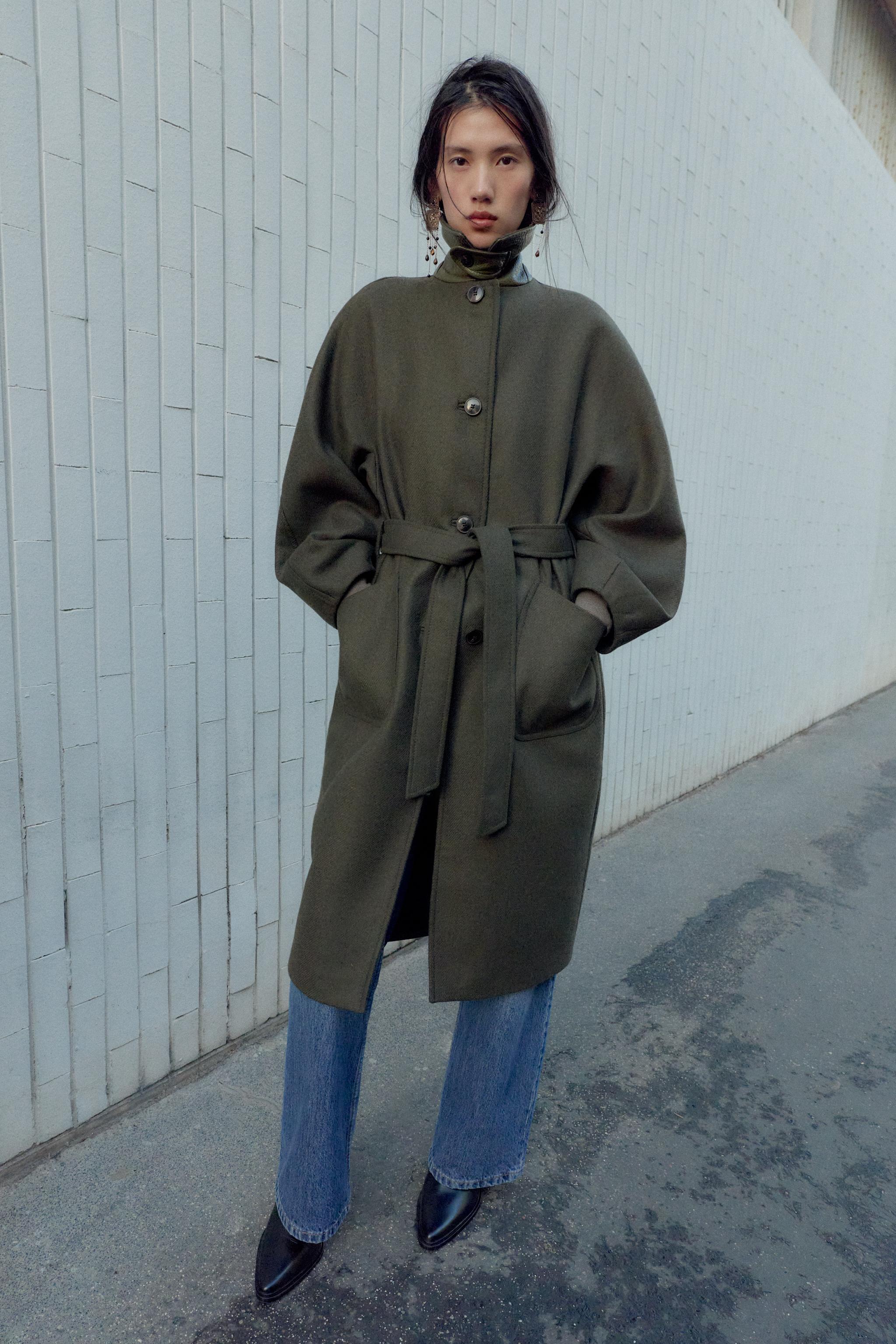 Wool Coat With Puff Sleeves and Contrast Collar