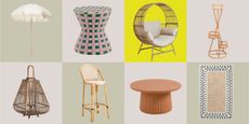 A grid of 2 x 4 product boxes that each contain a different piece of garden furniture. Each product (including things like side tables, parasols, chairs, rugs, etc) are a boho design style.