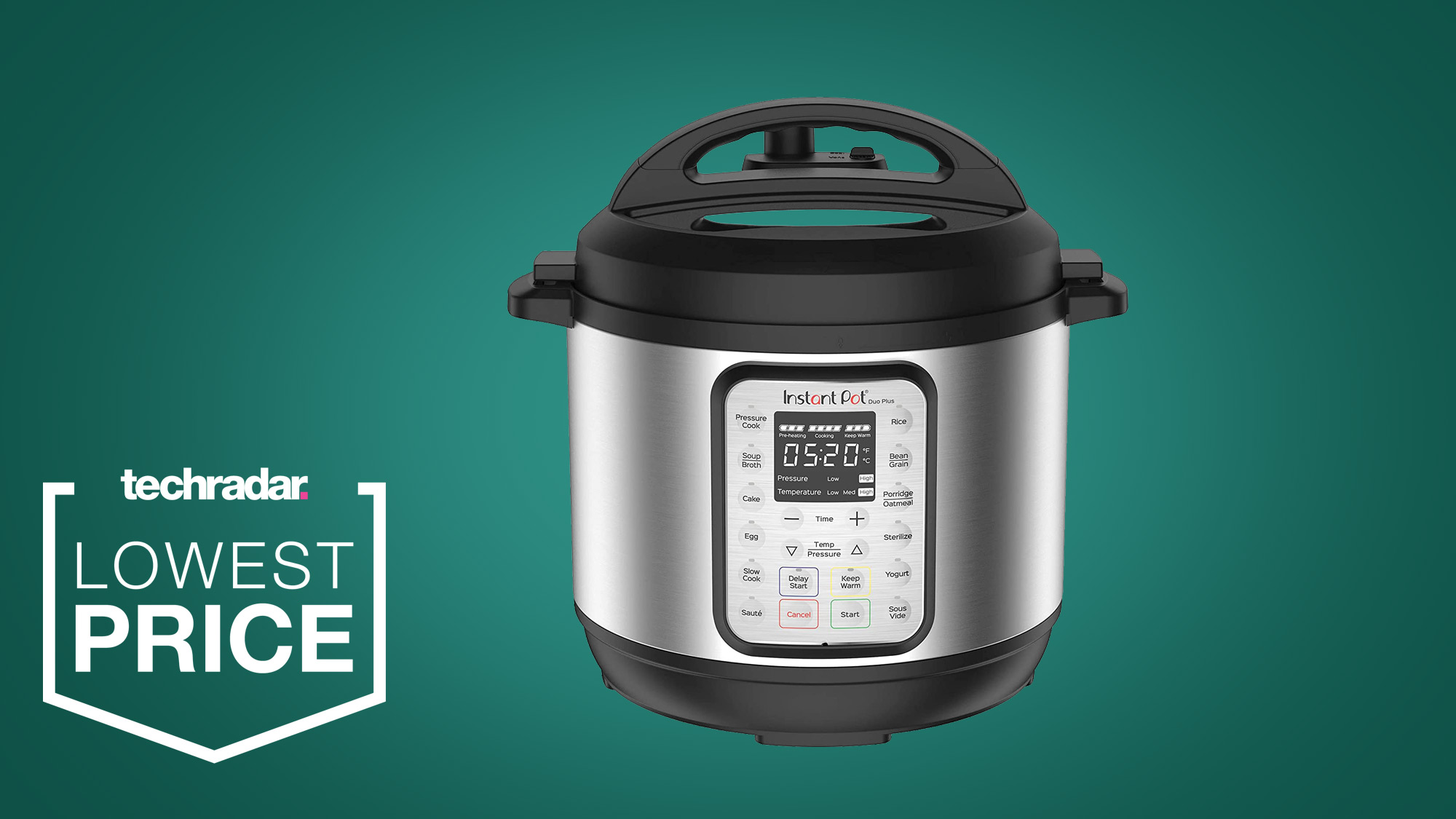 The Instant Pot Duo Plus on a green background