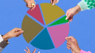 A diverse range of hands all grabbing pieces of a colorful pie chart, to represent data democratization. The hands are coming into frame from all angles and the arms of two can be seen, while all are set against a blue background.