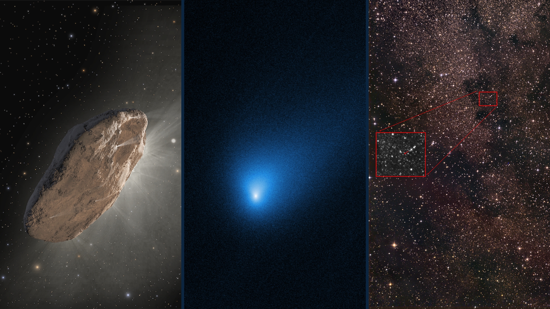 three panel image showing a graphic illustration of 'Oumuamua, a Hubble image of Borisov glowing blue and a busy starfield image with an inset image 3I/ATLAS.